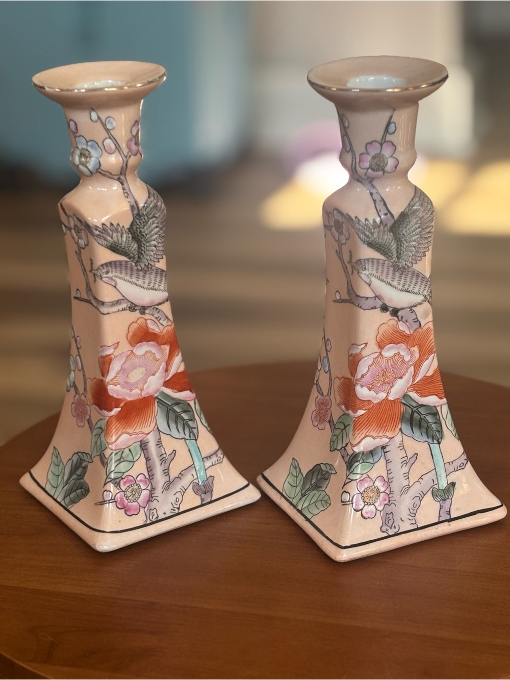 Pink Floral Ceramic Candle Holders with Bird Motif